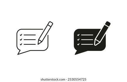 Speech Bubble With Pencil Pictogram. Customer Feedback Message Line and Silhouette Icon Set. Comment Symbol. Support Chat Sign. Editable Stroke. Isolated Vector Illustration.