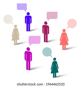 Speech bubble people group. Colored people icons with colorful dialog speech bubbles. Communication. Man and woman simple icons. Flat style vector illustration isolated on white background.