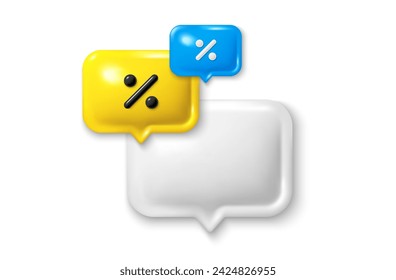 Speech bubble with percent discount 3d icon. Chat comment with sale symbol. Talk message box icon. Modern realistic 3d design. Discount speech bubble. Social media dialog banner. Vector illustration