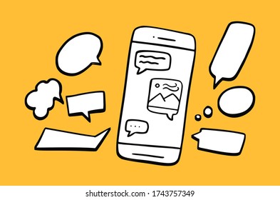 Speech bubble and phone. Hand drawn of Smart Phone . Vector illustration chat or dialog concept in doodle style on yellow background