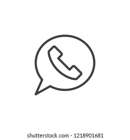Speech bubble with phone handset outline icon. linear style sign for mobile concept and web design. Messenger application simple line vector icon. Symbol, logo illustration. Pixel perfect vector
