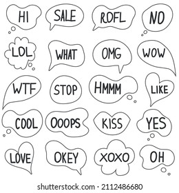 Speech bubble phrases hand draw big set . Online chat clouds with different words comments information shapes vector isolated on white background. Stock illustration