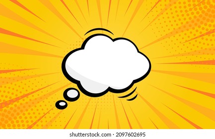 Pictograma de burbuja de discursos sobre fondo de arte pop amarillo con semitono. La nube blanca de dibujos animados para mensajes de texto. Globo de historietas retro para diálogo. Burbuja del discurso vintage. Ilustración de vectores aislados.