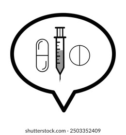 Speech bubble , pill, capsule and medical needle coin icon in grey scale isolated on white background.