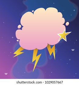 Speech bubble, pink cloud with lightnings. Vector illustration on blue-violet cosmic background.