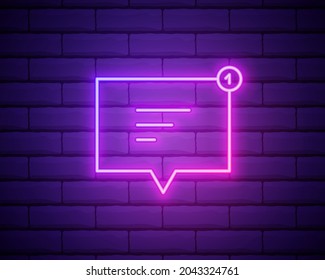 Burbuja de la voz rosa brillante neón ui ux icono. Vector de logotipo de signo brillante. Burbuja de discurso brillante aislada en un fondo de pared de ladrillo