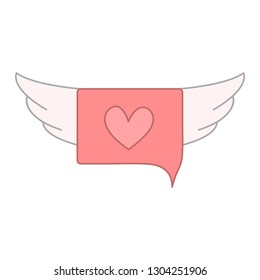 speech bubble and pink heart shapes with wings. vector design illustration.