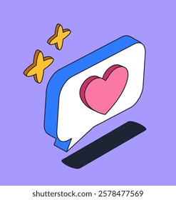 Speech bubble with a pink heart and yellow stars on a purple background. Flat, creative design representing social media engagement and love. Vector illustration