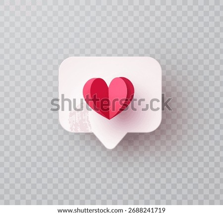 Speech bubble with pink paper heart isolated on transparent background. 3d vector notification symbol for social media, Valentine's Day
