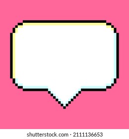 Speech bubble pixel art blank white text box black outline isolated on pink background, Computer games graphics vector illustration