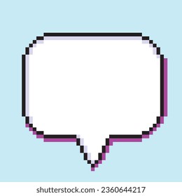 Speech bubble pixel art blank white text box dark violet outline isolated on light blue background, Computer games graphics vector illustration