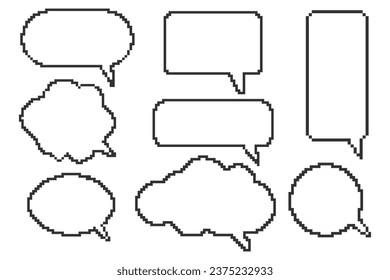 Speech bubble pixel art for game chat and dialogue message. Retro digital balloon box frame. Comment windows set. Vector illustration.
