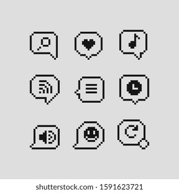 Speech bubble pixel art icon, search, like, music, clock, volume, smile, update. Design stickers, logo, mobile app and website. Isolated vector illustration. 8-bit sprite. 