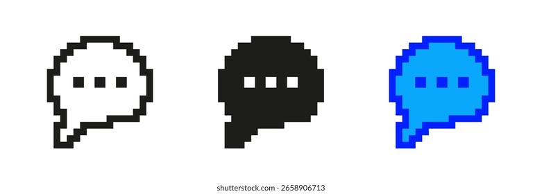 Speech Bubble Pixel Art Icon Set. Retro Pixelated Speech Bubble With Three Dots, Symbol Of Communication, Conversation, Dialogue. Isolated Vector Illustration.