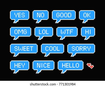 Speech bubble pixel art set vector illustration: Yes, no, good, Ok, sorry, hello, sweet, cool, nice, hey speech bubble design concept.