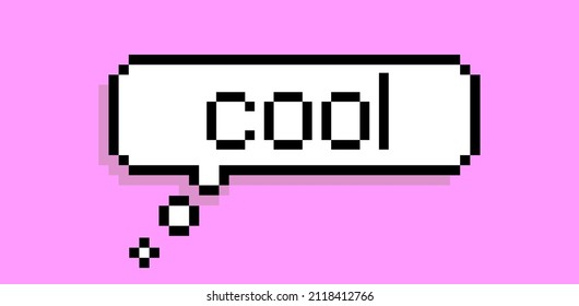 Speech bubble in pixel art style on a pink background.