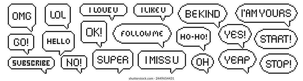 Speech bubble pixel phrase. Pixel style message.	