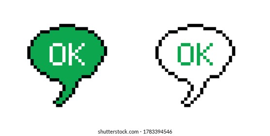 Speech bubble pixel raster art icon with quote OK Flat design pixelated Funny vector okay computer talk sign Question box pixels Cloud balloon Bit pictogram 8-bit Game cartoon 70s 80s years square