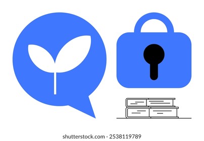 A speech bubble with a plant, a closed lock, and stacked books. Ideal for eco-friendly communication, security, education, growth, and knowledge sharing themes. Simplistic, modern style