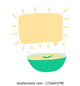 Speech bubble and plate with spaghetti, soup, hot dish. Place for you text. Trendy vector hand drawn doodle illustration.