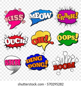 Speech bubble in pop art style. Set of comic text signs in bright colors. Sound effects icons. Vector illustration.