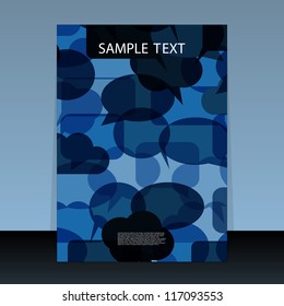 Speech Bubble Poster, Flyer or Cover Design – Layered Blue Dialog Background with Sample Text Banner. A visually engaging poster design featuring a layered background of overlapping speech bubbles in various shades of blue. The top section includes a black banner with white “SAMPLE TEXT,” while the bottom contains a black block with small placeholder text. The dynamic composition evokes themes of communication, dialogue, and social interaction, making this vector design ideal for events, presentations, editorial layouts, and promotional materials related to forums, discussions, or messaging platforms. Suitable for both commercial and editorial use across print and digital platforms.