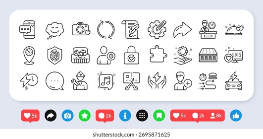 Speech bubble, Presentation time and Musical note line icons pack. Social media: share, comment, like icons. Mattress, Photo camera, Timer web icon. Vector