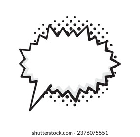 Speech bubble prickly shape with dots rays in pop art style. Comic style dialog balloon template. Hand Drawn vector illustration with outline. Isolated on white background