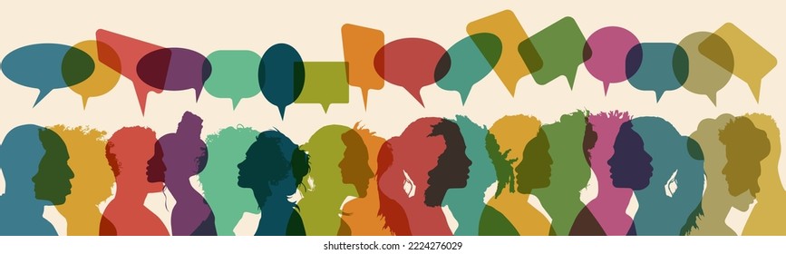 A speech bubble with a profile of men and women of different races, cultures and nationalities. Multinational communication. The collective of a community, social group or colleagues. 