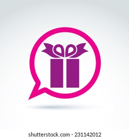 Speech bubble with a purple gift box sign. Vector present icon. Chat on a birthday theme.