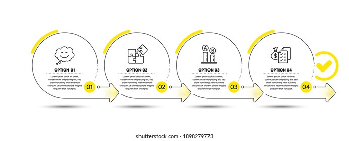 Speech bubble, Puzzle and Ab testing line icons set. Timeline process infograph. Accounting wealth sign. Comic chat, Engineering strategy, Test chart. Audit report. Technology set. Vector