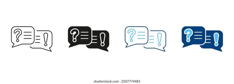 Speech Bubble With Question Mark And Exclamation Mark Line and Silhouette Icon Set. Customer Support Chat Pictogram. FAQ Symbol. Dialog Sign. Editable Stroke. Isolated Vector Illustration.