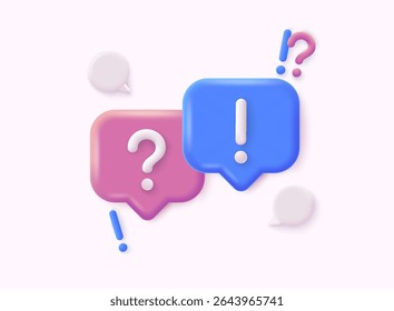 Speech bubble with ? and !, questions and answers, faq chat. 3d vector icon. Cartoon minimal style. 3D Web Vector Illustrations.