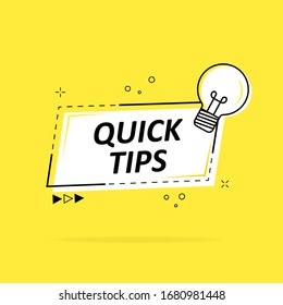 Speech bubble with quick tip. Helpful tricks with useful information for website or blog post. Black - yellow banner with text and quote. Vector icon of solution, advice. Vector illustration.