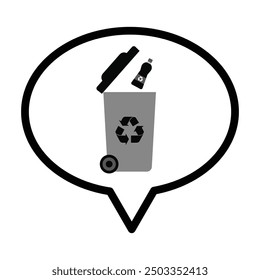 Speech bubble , recycling bin and recyclable plastic bottle icon in grey scale isolated on white background.