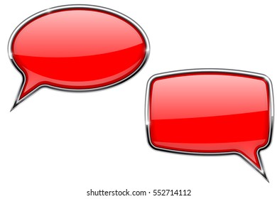 Speech bubble. Red 3d icons with chrome frame. Vector illustration isolated on white background.