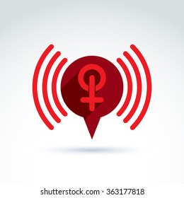 Speech bubble with red female sign, female gender symbol. Wwoman club conceptual icon, chat on relationship theme, podcast icon.