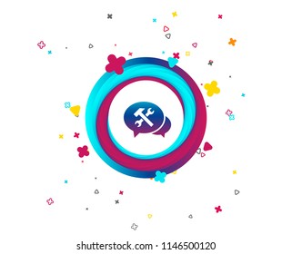 Speech bubble repair tool sign icon. Service symbol. Hammer with wrench. Colorful button with icon. Geometric elements. Vector