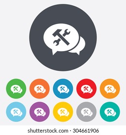 Speech bubble repair tool sign icon. Service symbol. Hammer with wrench. Round colourful 11 buttons. Vector