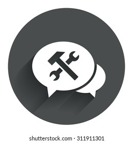 Speech bubble repair tool sign icon. Service symbol. Hammer with wrench. Circle flat button with shadow. Modern UI website navigation. Vector