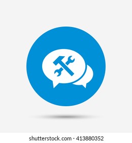 Speech bubble repair tool sign icon. Service symbol. Hammer with wrench. Blue circle button with icon. Vector