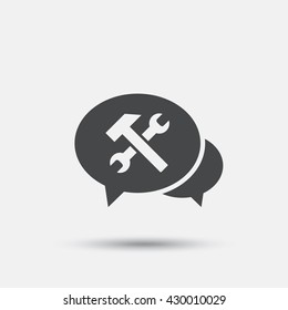 Speech bubble repair tool sign icon. Service symbol. Hammer with wrench. Flat repair web icon on white background. Vector