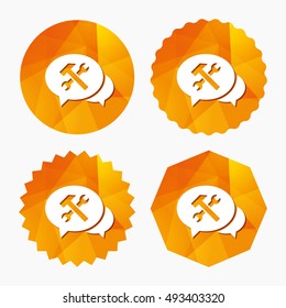Speech bubble repair tool sign icon. Service symbol. Hammer with wrench. Triangular low poly buttons with flat icon. Vector