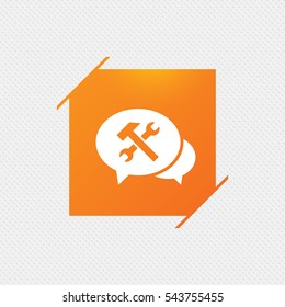 Speech bubble repair tool sign icon. Service symbol. Hammer with wrench. Orange square label on pattern. Vector