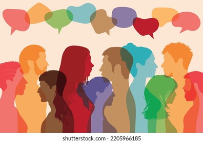 The speech bubble represents a dialogue between people of diverse cultures, with a crowd talking and communicating with one another. Vector cartoon profiles and interviews.
