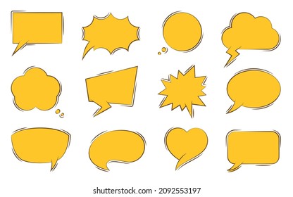 Juego de planos de diálogo de historietas de arte pop retro de burbuja de discursos. Gracioso de color blanco diálogo sonoro efecto alegre simple pegatina postal del libro de la revista sticker. Estilo de caricatura de caja de diálogo de escritura artesanal aislado