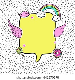 Speech bubble, sale banner, textbox for quotes. Hand drawn fashion patches: rainbow, doughnut, lollipop, wings. Vector pop art sticker, patches pin 80s-90s style.