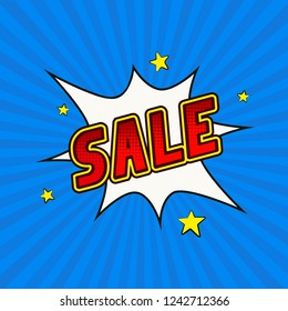 Speech bubble Sale on the rays blue comic background.
Colored pop art style sound effect. Halftone vector illustration banner. Vector illustration in comic style