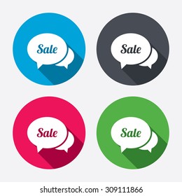 Speech bubble Sale sign icon. Special offer symbol. Circle buttons with long shadow. Vector