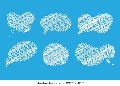 Speech bubble. Scribble frames. Hand drawn effect illustration. Sketch. Messages, phrases, text, chat, talk or dialog clouds set. Vector illustration isolated on blue background.